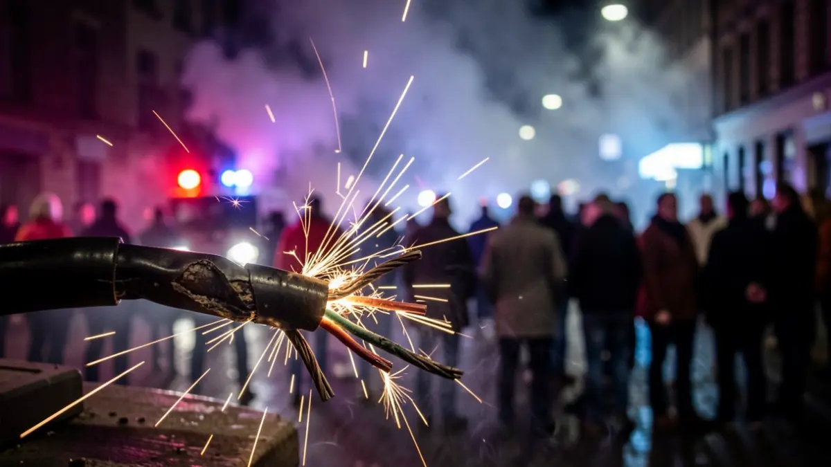Damaged electrical cable with sparks and smoke.