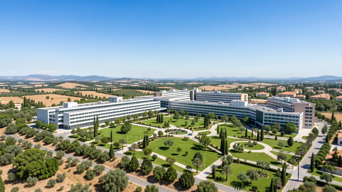 Aerial view of the Can Ruti campus in Badalona, featuring healthcare buildings and natural surroundings.