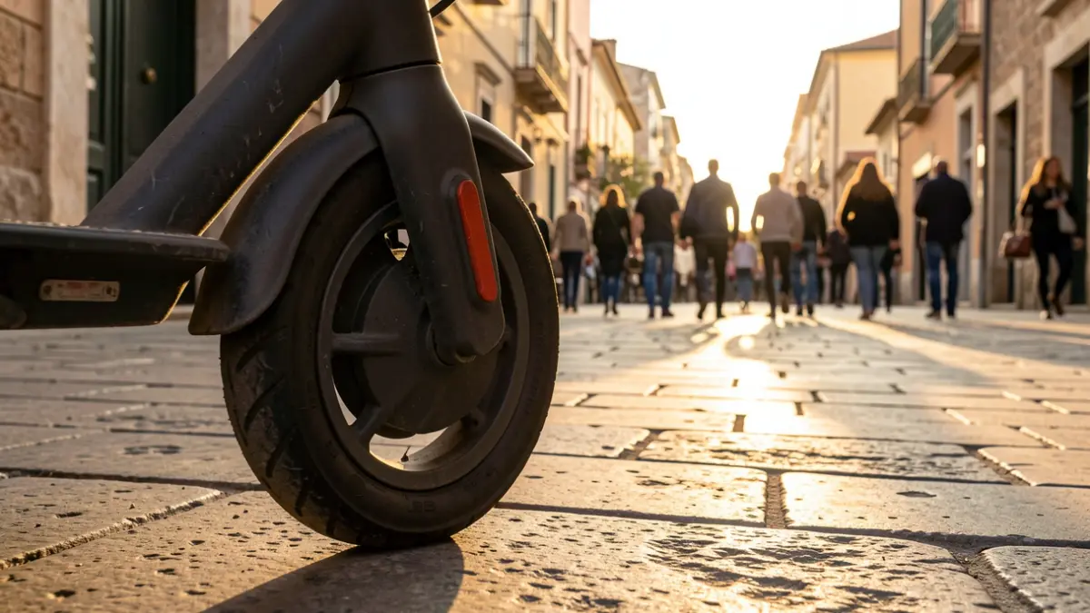 Roda d'un patinet elèctric aparcat en una vorera de pedra a Badalona.