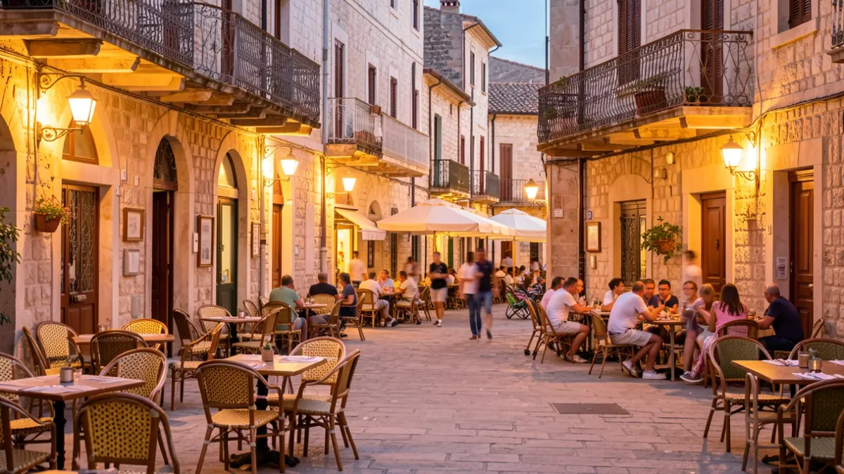 Imagen genérica de una plaza de pueblo mediterráneo por la noche, con ambiente festivo.
