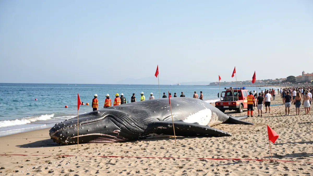 Imatge genèrica d'una balena morta a la platja amb personal d'emergències.
