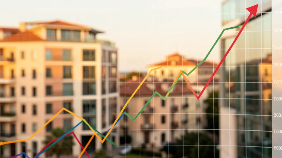 Financial graph with an upward trend against a background of office buildings.