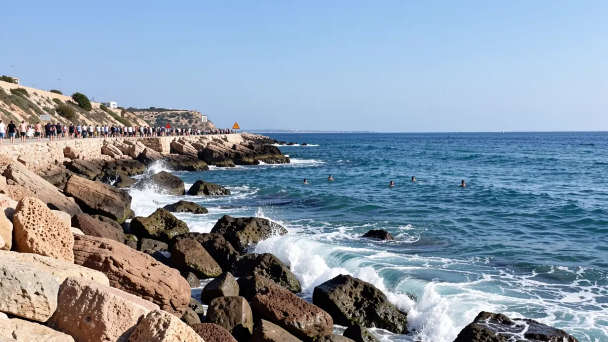 Swimmers near rocks in Tarragona despite prohibitions.