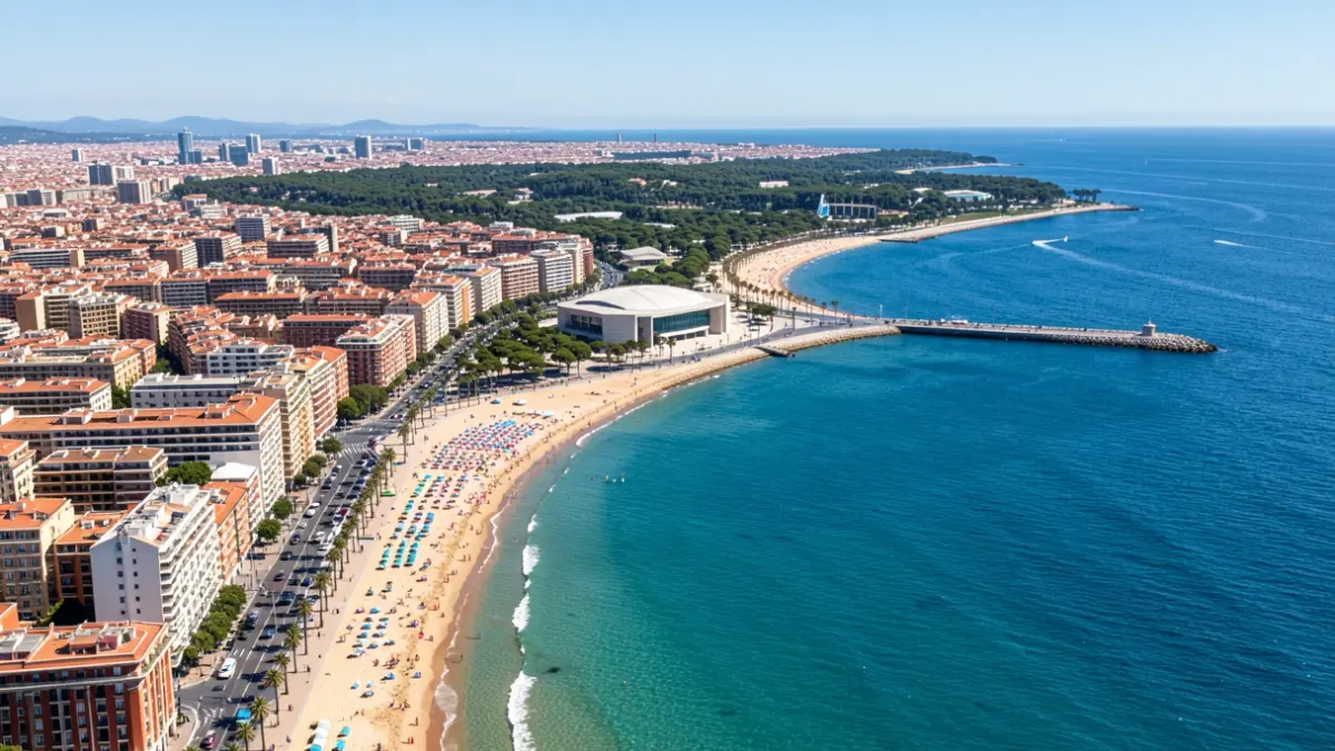 Vista aèria del litoral de Barcelona des de la Barceloneta fins al Parc del Fòrum.