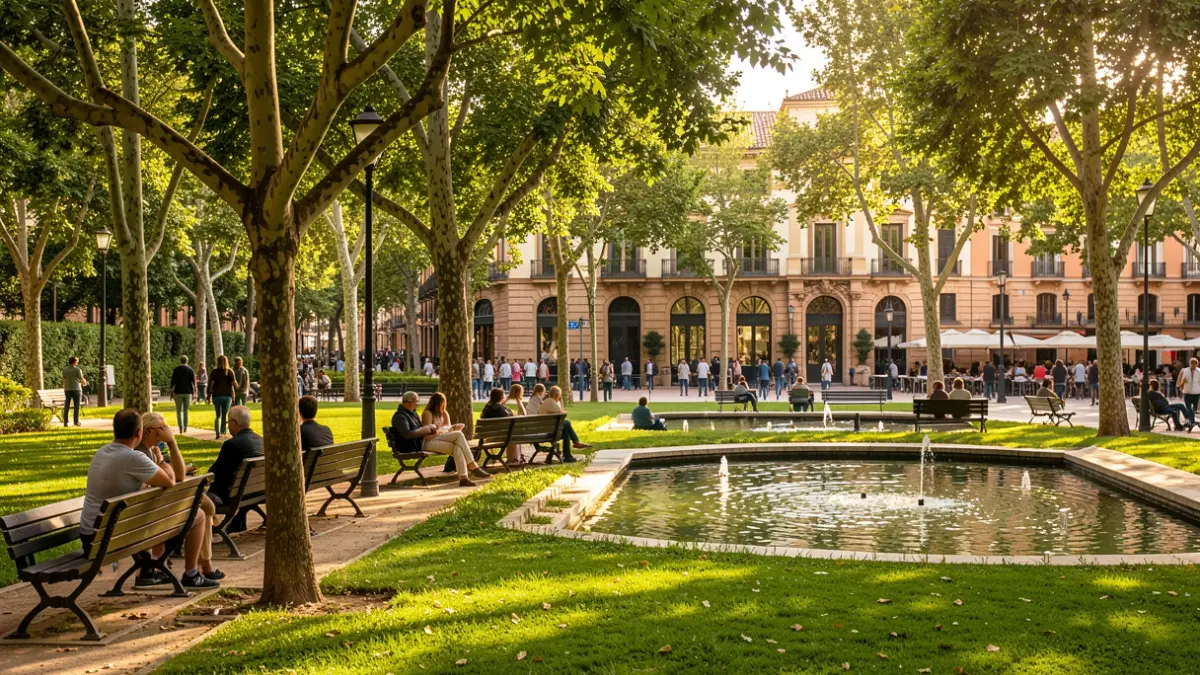 Imatge genèrica d'un parc urbà a Barcelona amb zones d'ombra i bancs.