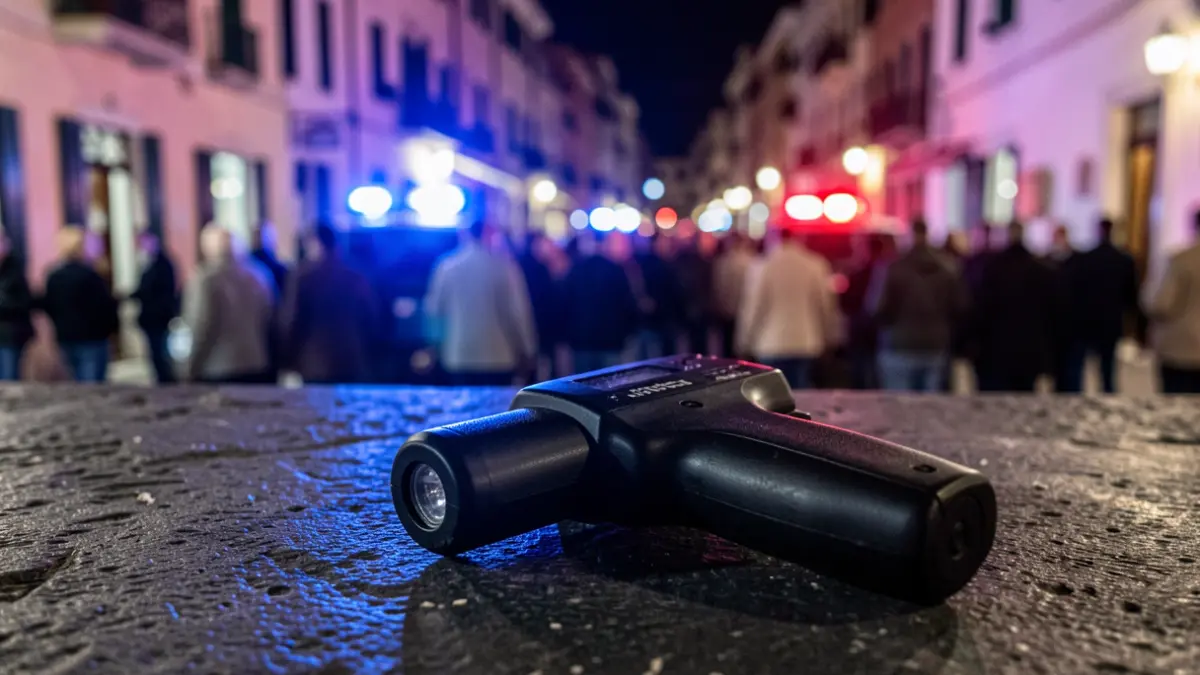 Imatge d'una pistola Taser amb llums policials al fons.