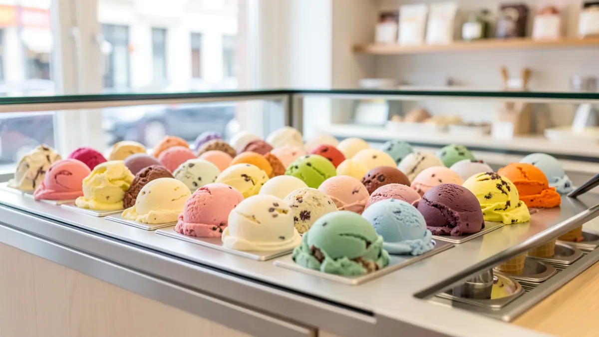 Varietat de gelats artesanals de diferents colors i sabors en un aparador.
