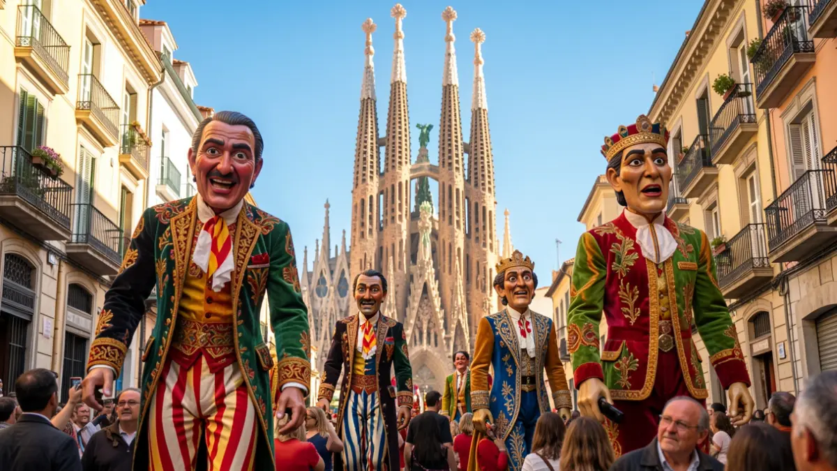 Imagen genérica de un desfile popular en Barcelona con gigantes y cabezudos frente a la Sagrada Familia.