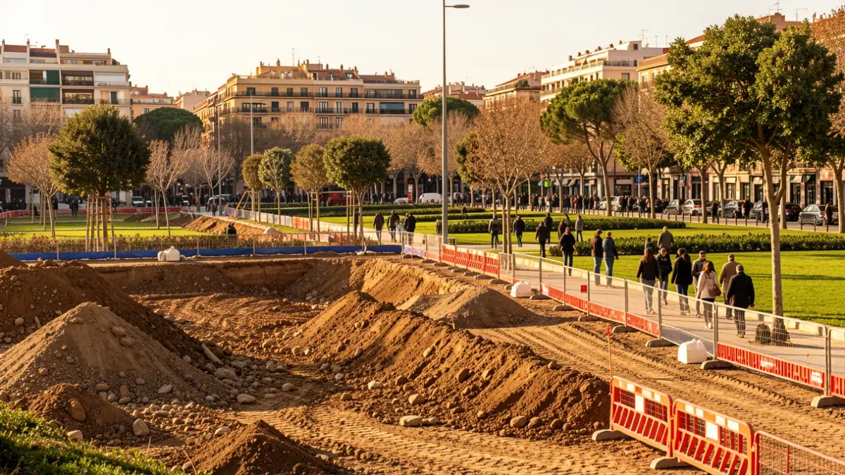 Obras de un nuevo parque urbano en Barcelona con movimiento de tierras y zonas verdes.
