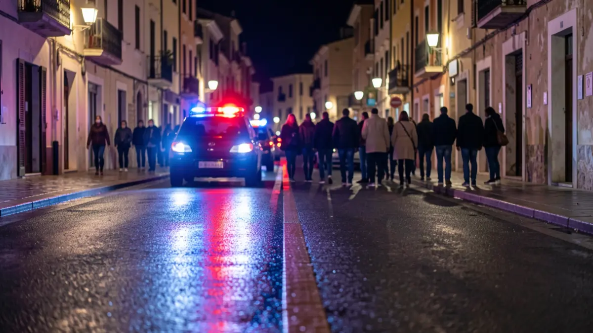 Imagen genérica de luces de emergencia policiales reflejándose en asfalto mojado por la noche.