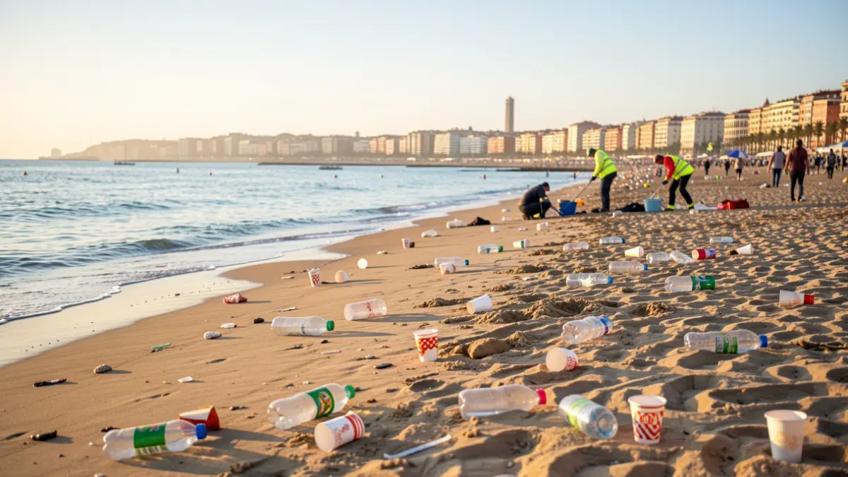 Barcelona beach covered in trash after the Sant Joan festival, with cleaning crews beginning their work.