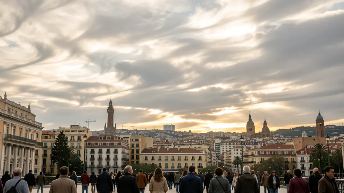 Cielo cubierto con nubes dispersas sobre el skyline de Barcelona.
