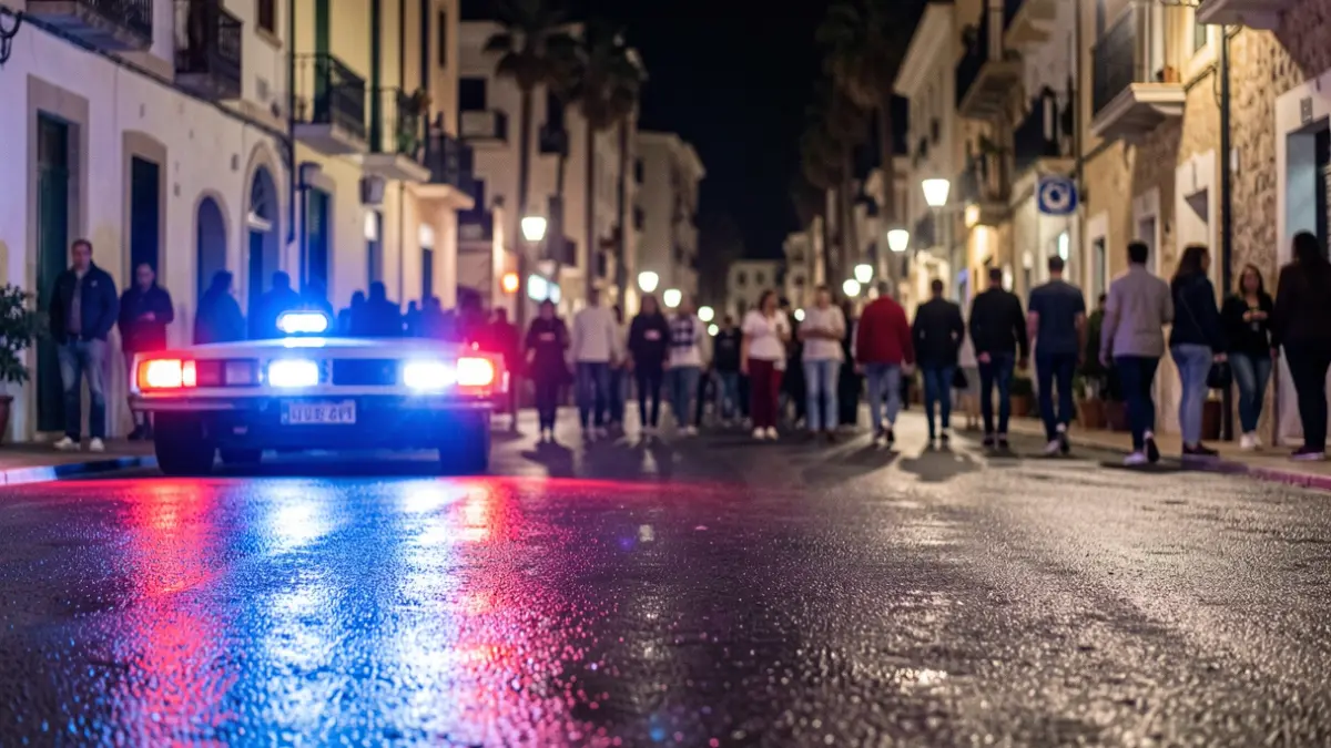 Imatge genèrica de llums d'emergència policials reflectint-se en asfalt mullat.
