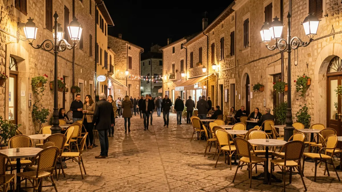 Imatge genèrica d'una plaça urbana decorada per a una revetlla nocturna.