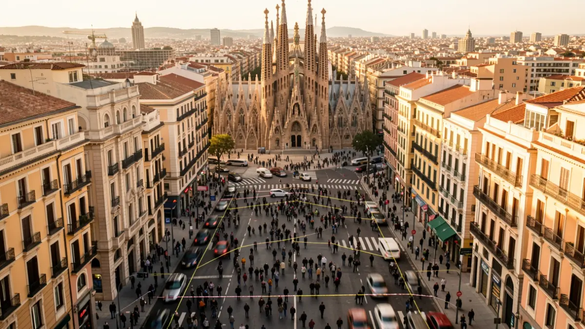 Vista aérea del centro de Barcelona con la Sagrada Familia, calles cortadas y tráfico afectado por la visita papal.