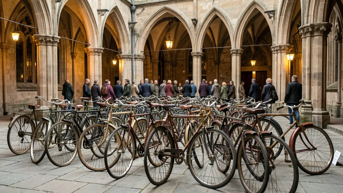 Exhibition of 57 historical bicycles in the gothic courtyard of Barcelona City Hall.