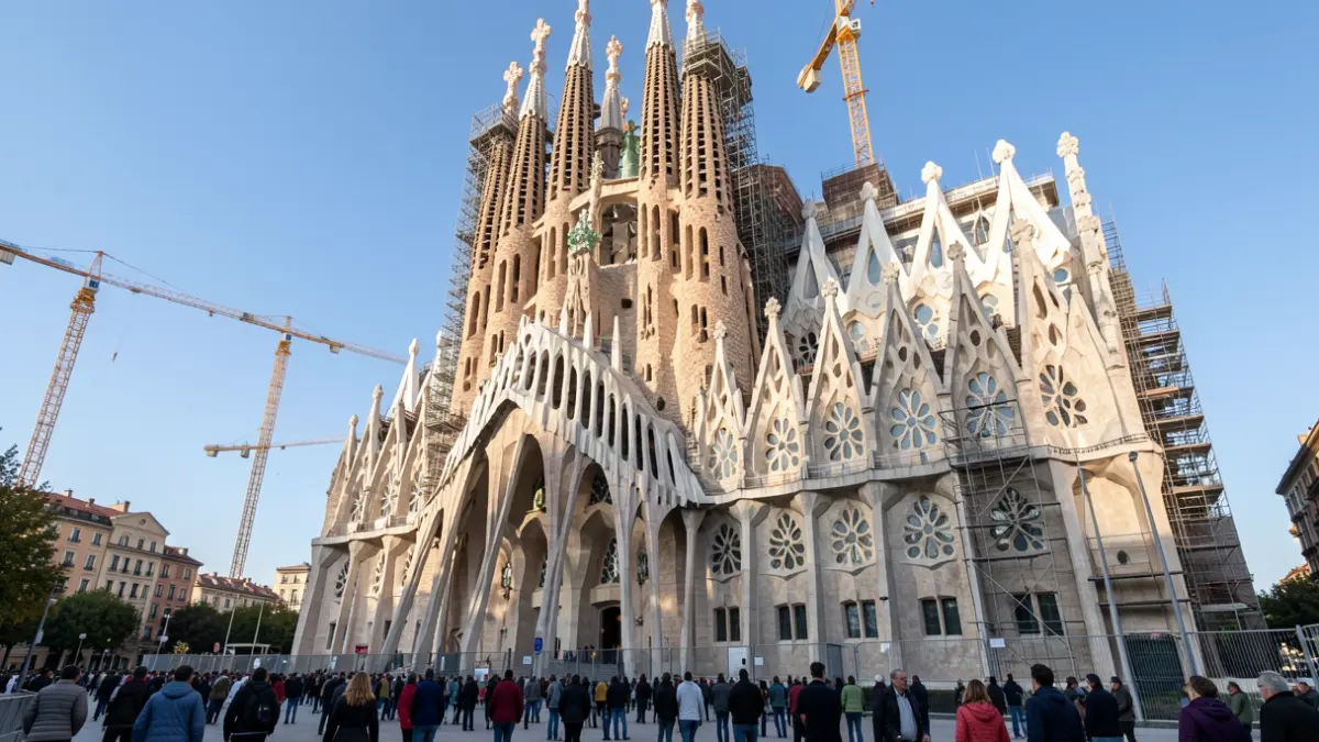 Facade of the Sagrada Familia with scaffolding and cranes around it.
