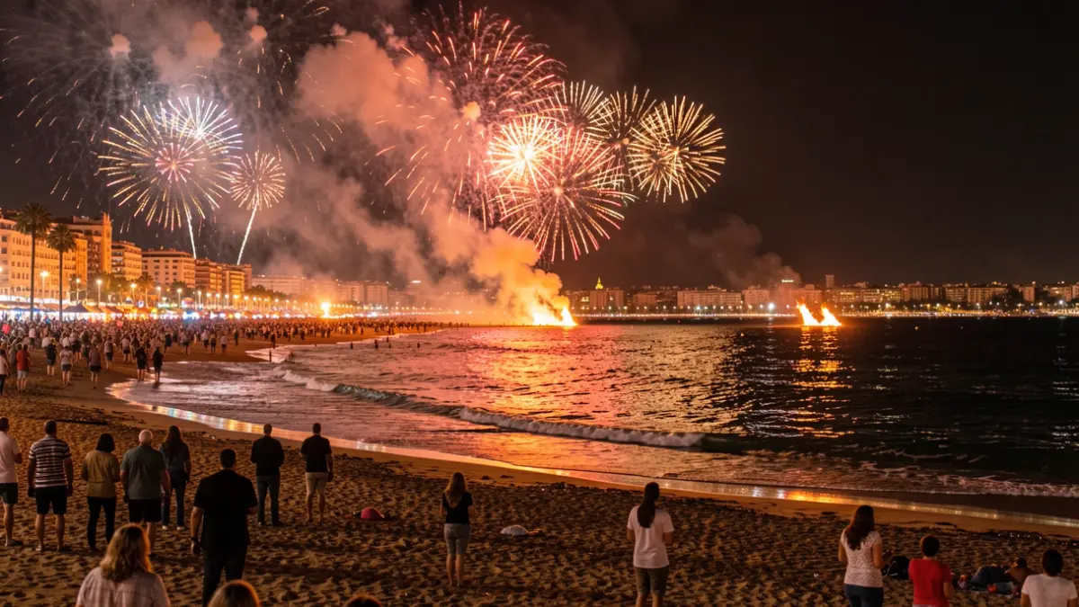 Imatge genèrica de la costa de Barcelona durant la revetlla de Sant Joan, amb llums borroses de focs artificials i fogueres a la platja.
