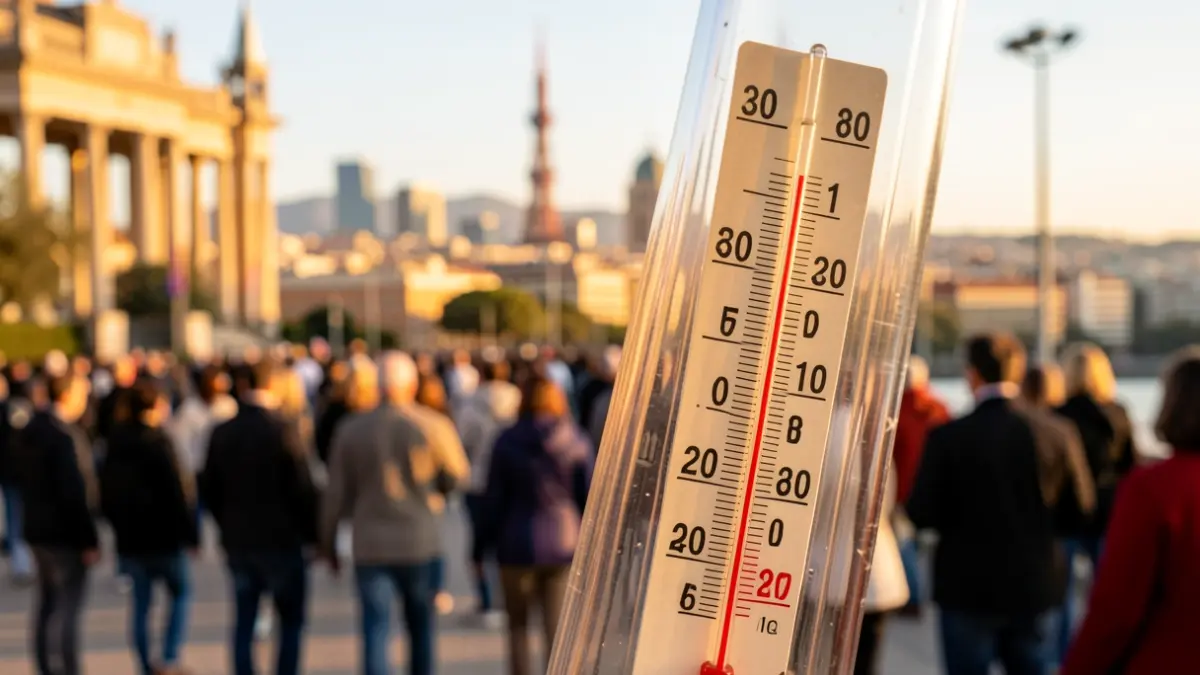 Thermometer showing high temperature with Barcelona's blue sky.