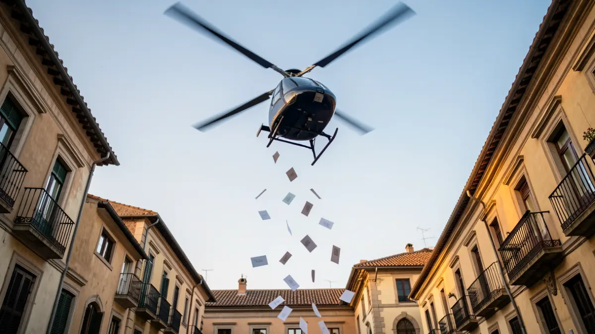 Imagen genérica de un helicóptero sobrevolando Barcelona, dejando caer objetos.