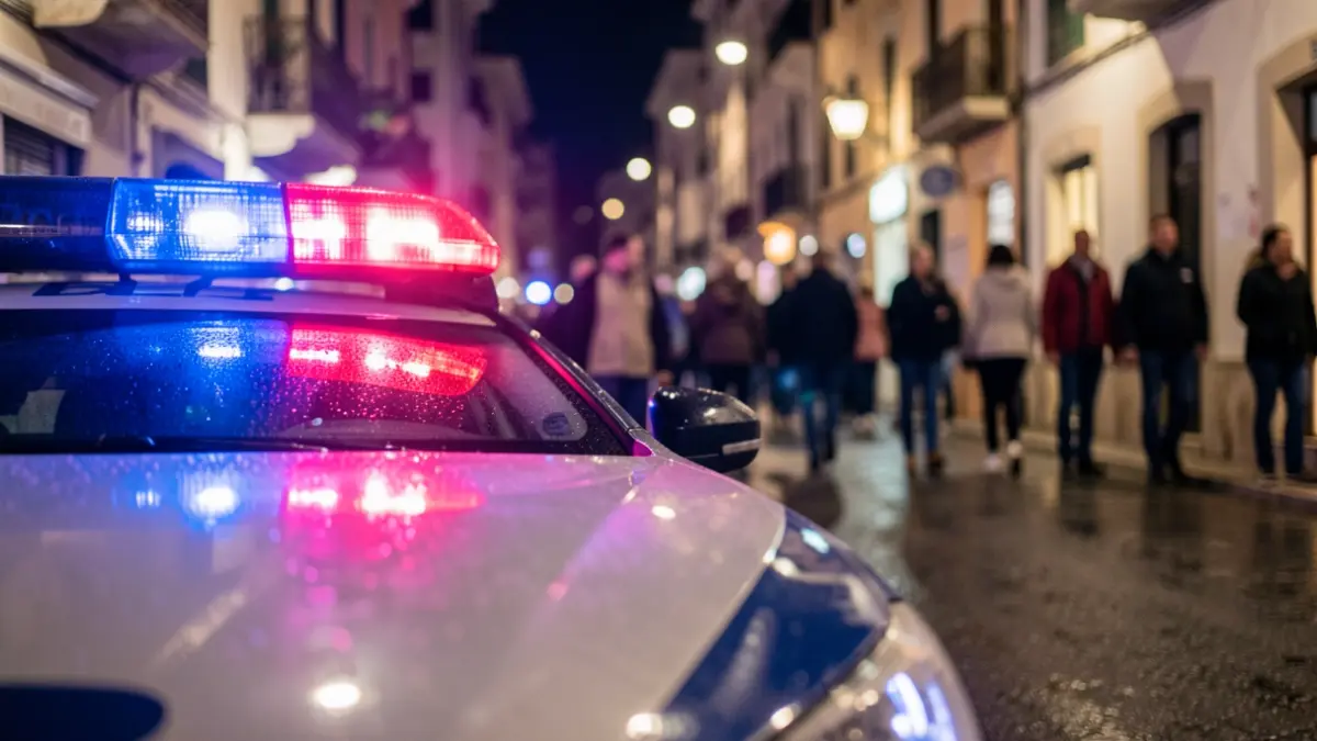 Imatge genèrica de llums d'emergència policials reflectint-se en asfalt mullat a la nit.