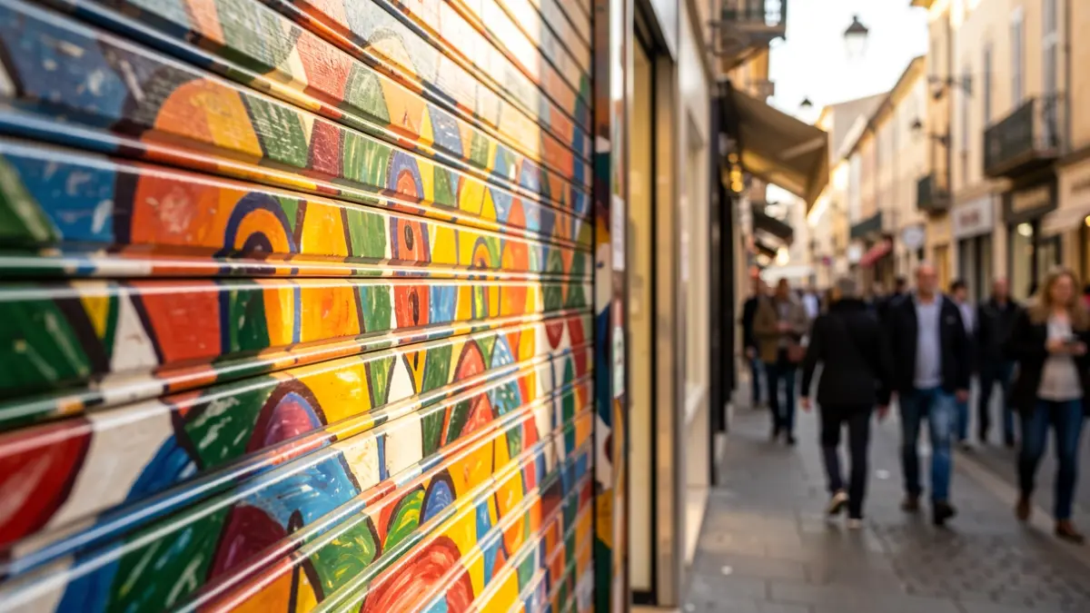 Persiana d'un comerç decorada amb un mural artístic a Barcelona.
