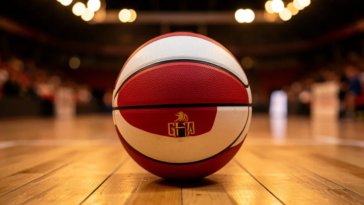 Balón de baloncesto con los colores del Girona FC en la cancha.