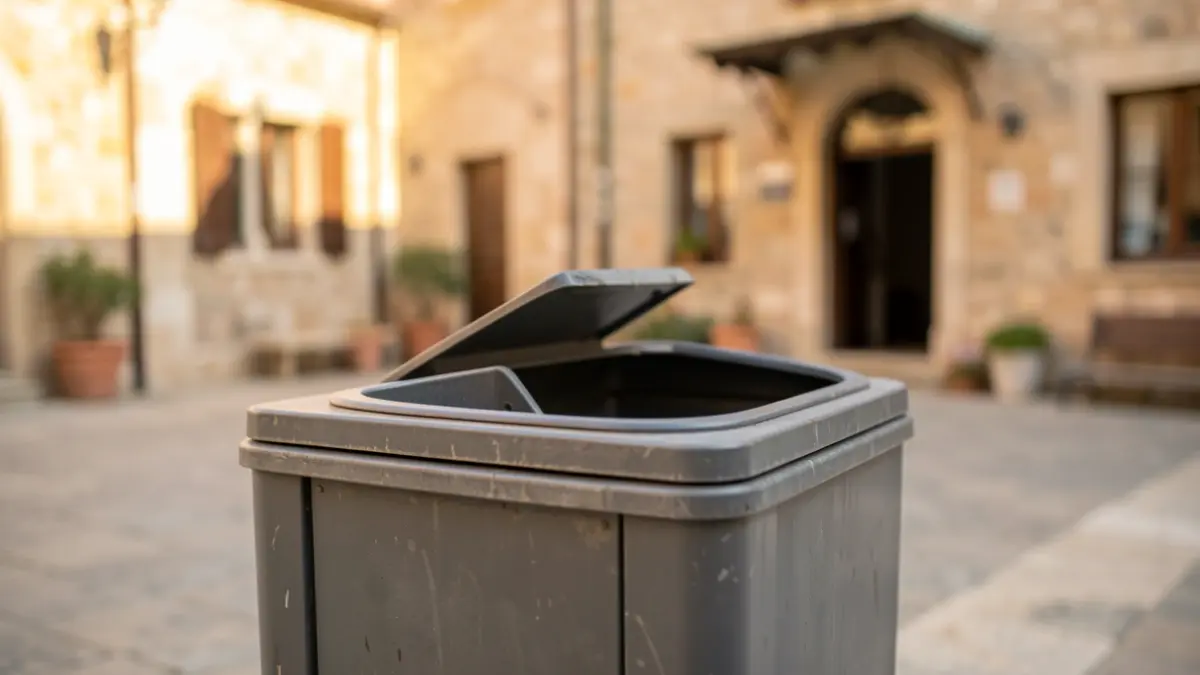 Generic image of a public waste container in a town square.