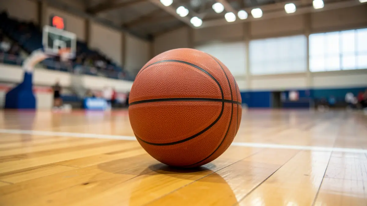 Generic image of a basketball on a wooden court.