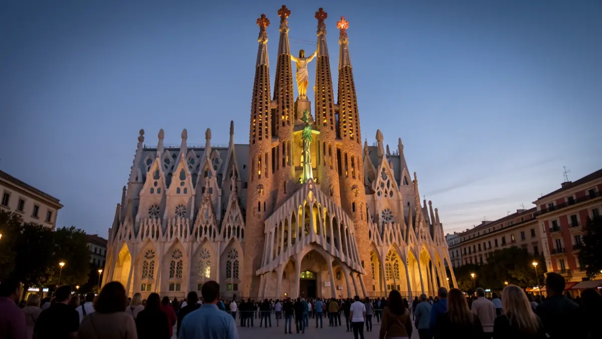 Imatge de la Sagrada Família amb la Torre de Jesucrist il·luminada al capvespre.