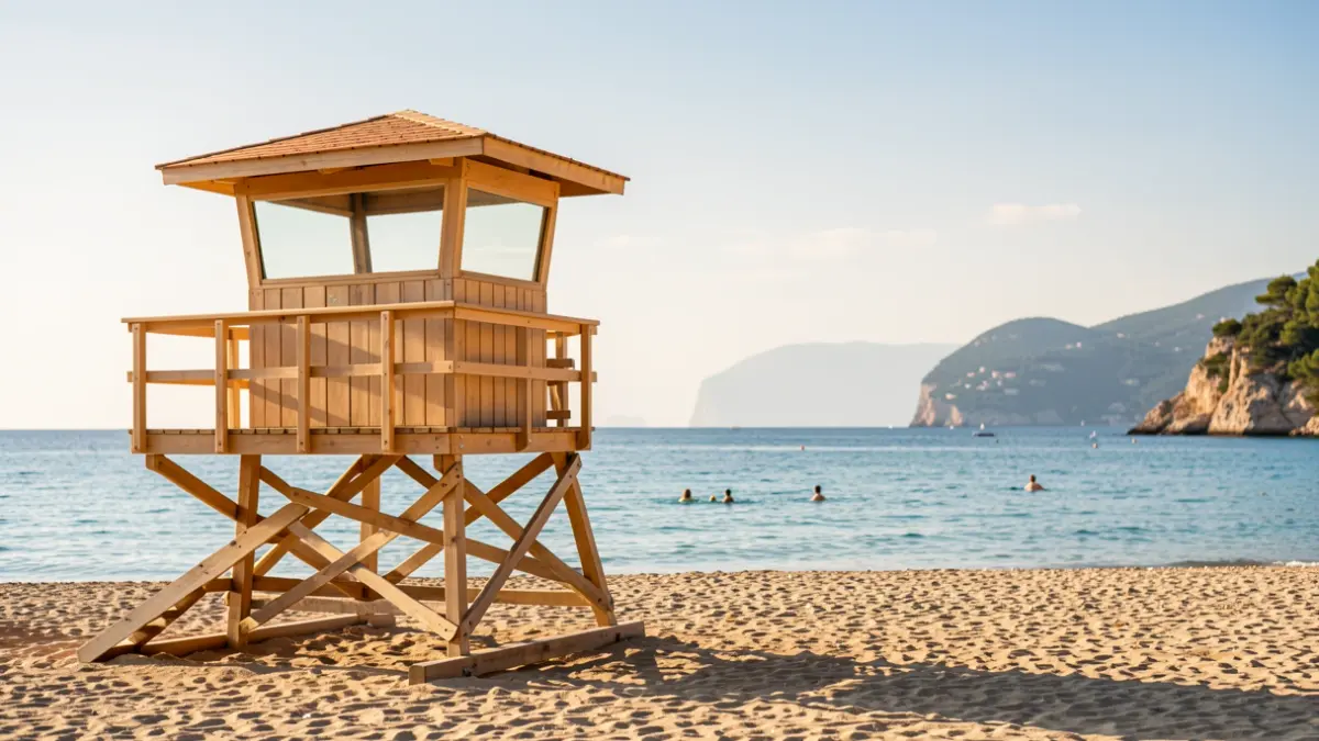 Torre de vigilancia de socorristas en una playa mediterránea soleada.