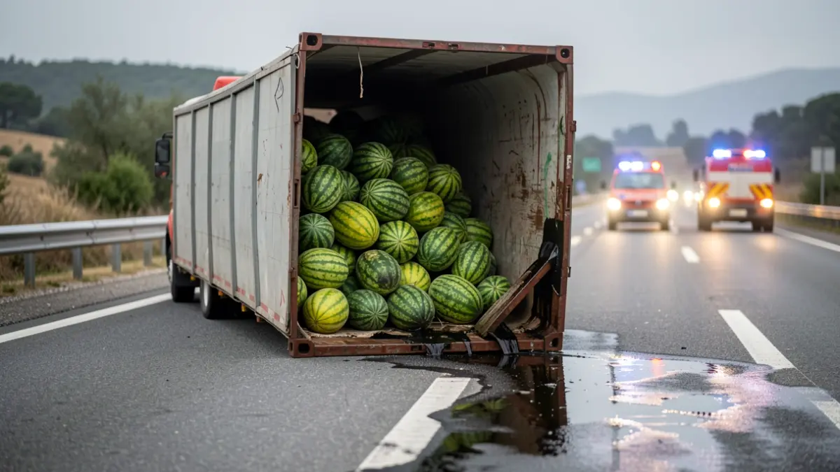 Overturned trailer with watermelons and diesel leak on the C-25 in Santa Coloma de Farners.