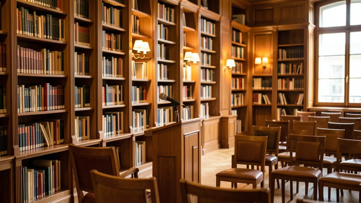 Imatge genèrica d'una biblioteca amb prestatgeries de fusta i un micròfon en un faristol.