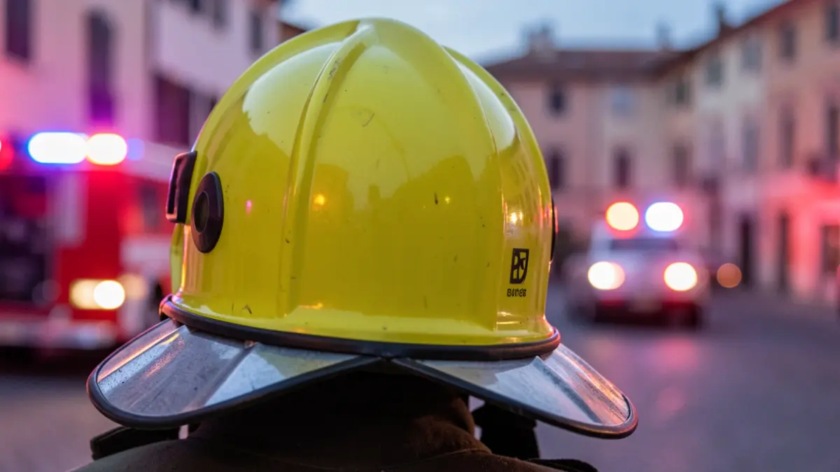 Imagen genérica de un casco de bombero con luces de emergencia al fondo.