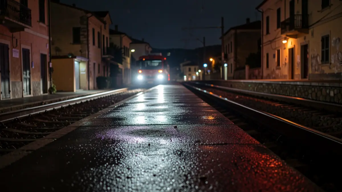 Generic image of emergency lights reflecting on wet asphalt near a railway line.