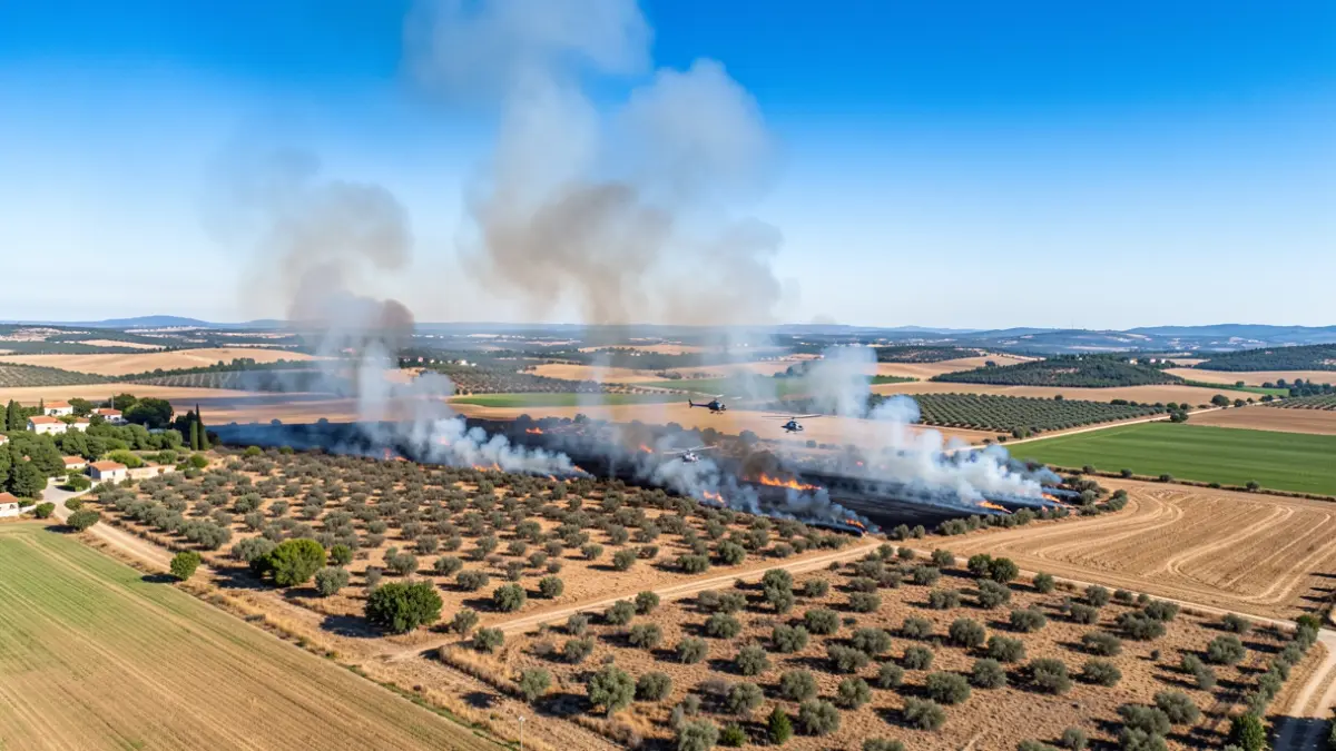 Vista aèria de camps i rostolls en flames amb fum elevant-se al cel.