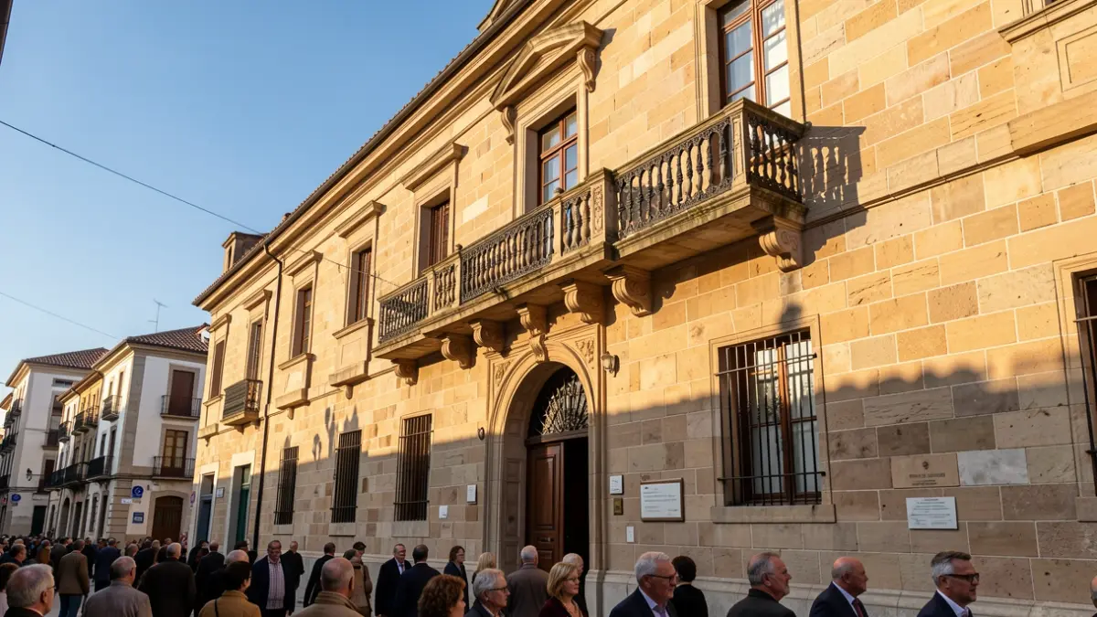 Imagen genérica de la fachada de un ayuntamiento de piedra con balcón y cielo azul.