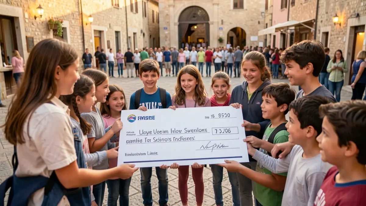 Generic image of volunteers handing over a check to children in a town square.