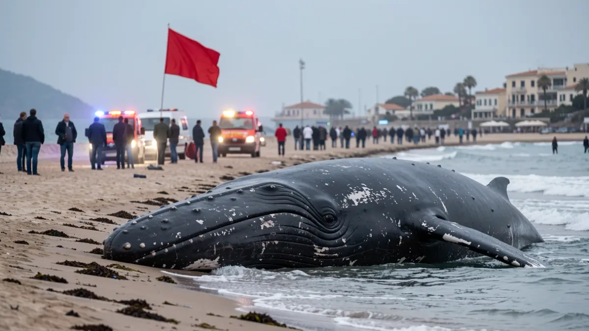 Generic image of a dead whale on the beach with a red flag.