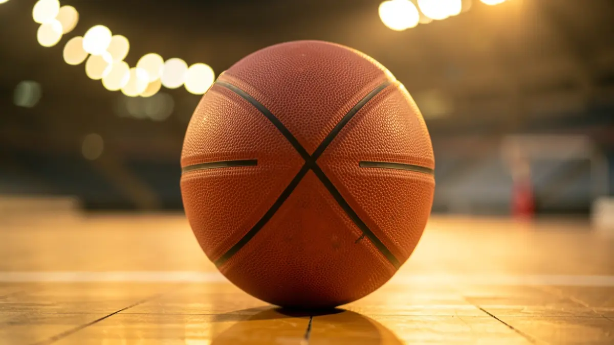 Generic image of a basketball on a wooden court.