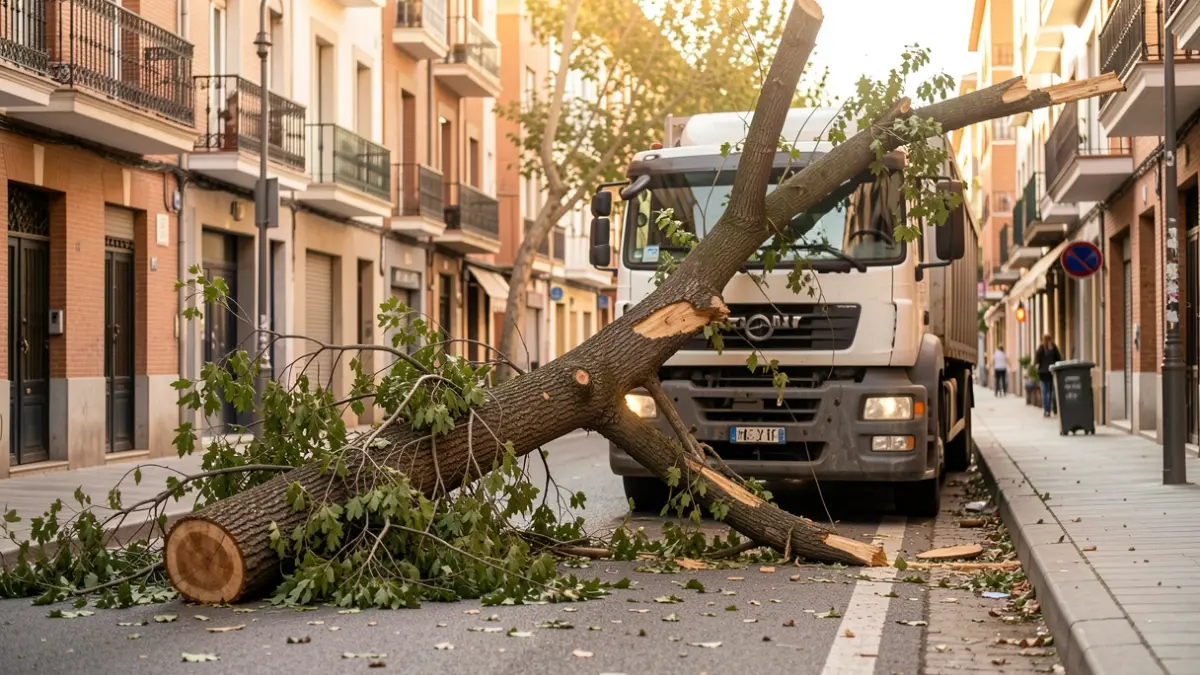 A truck breaks a tree in half on a pedestrian street in Sabadell.