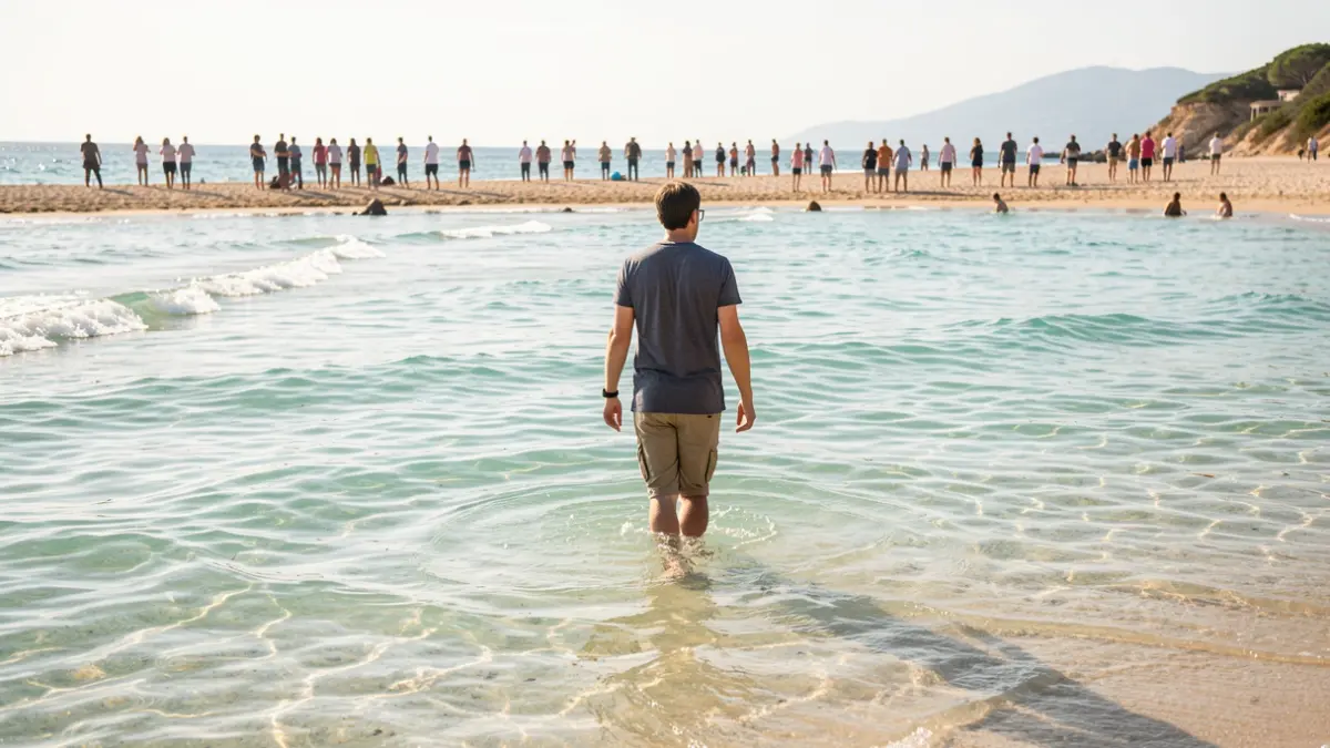 Person walking in the water at the seashore.