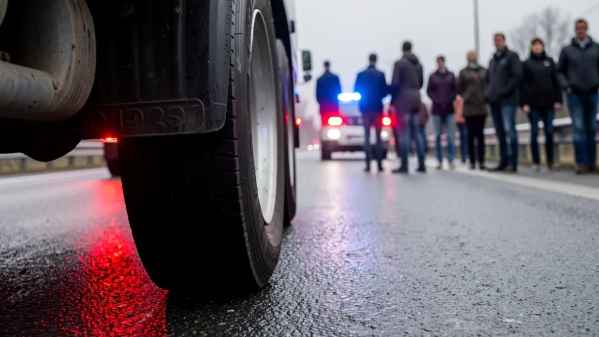 Imatge genèrica de llums d'emergència reflectint-se en un pneumàtic de camió en una autopista mullada.