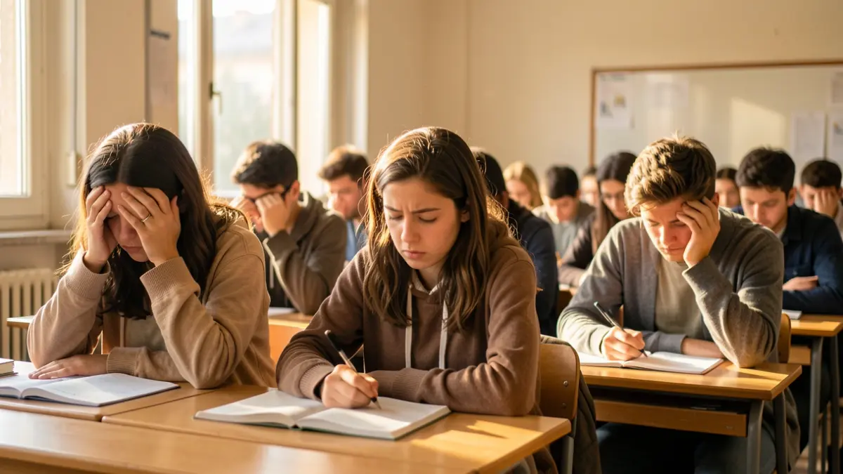 Generic image of stressed students preparing for exams in a classroom.
