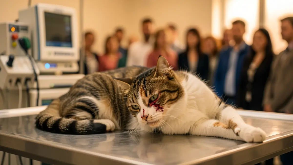 Image of an injured cat on a veterinary table.