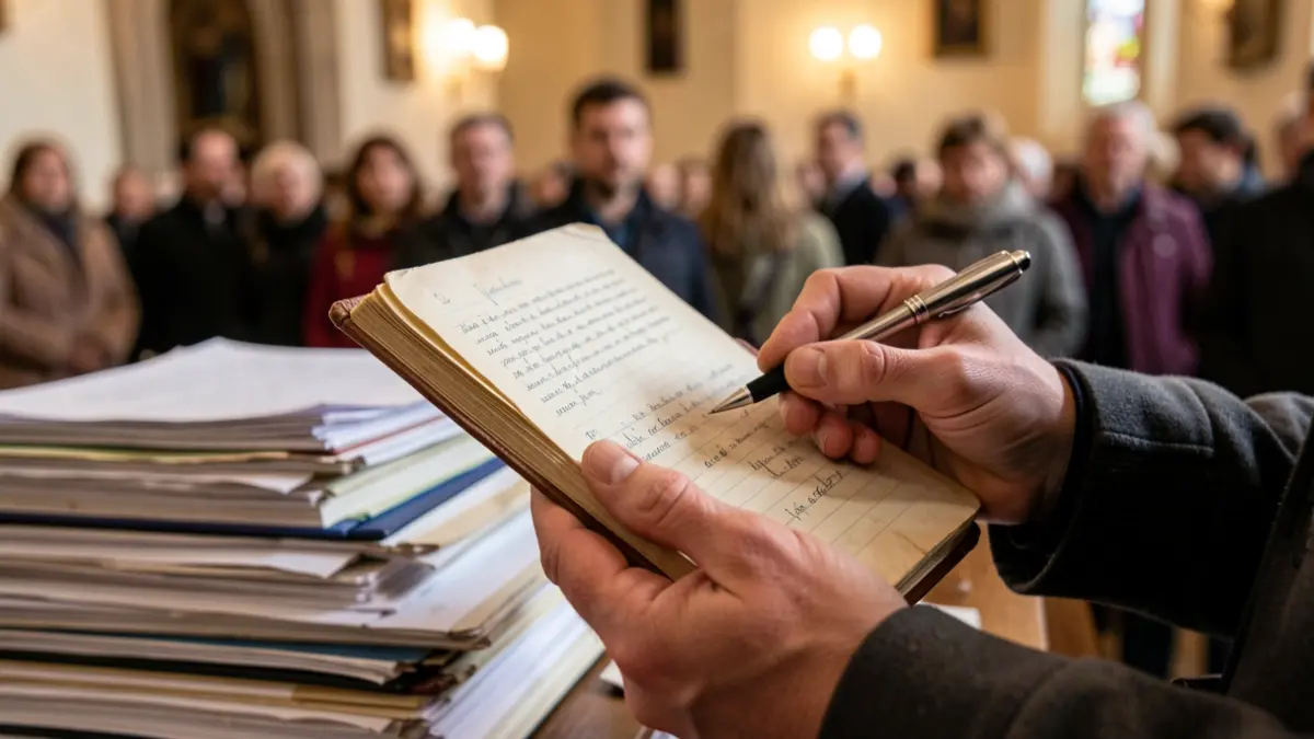 Generic image of hands writing in a notebook with papers around.