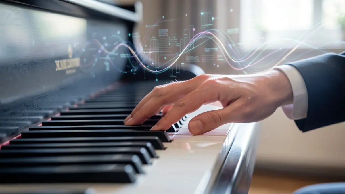 Teclat de piano amb una mà i patrons digitals difuminats.
