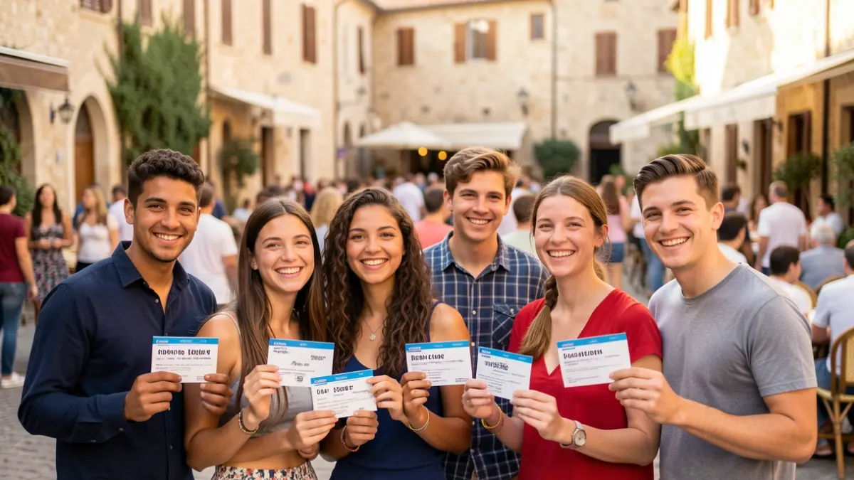 Young people with pool access cards in front of a Mediterranean urban setting.