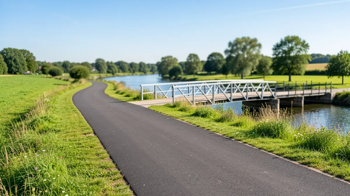 Nou carril bici entre Girona i Celrà amb un pont metàl·lic sobre el riu Ter.
