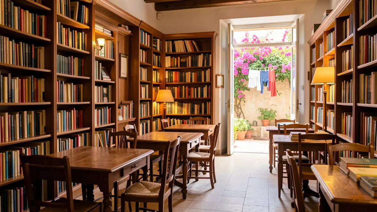 Interior de una librería acogedora con estanterías llenas de libros y un patio con buganvillas.